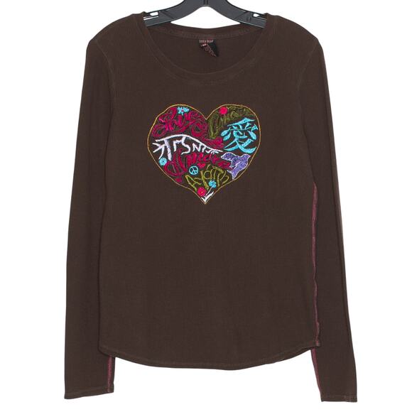 Vintage Lucky Brand Top Y2K Embroidered Boho Hippie Festival Thermal Brown Large - Picture 1 of 8